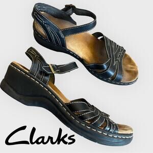 Clarks Bendables Black Leather Comfort Sandals Ankle Strappy Women’s Size 9.5